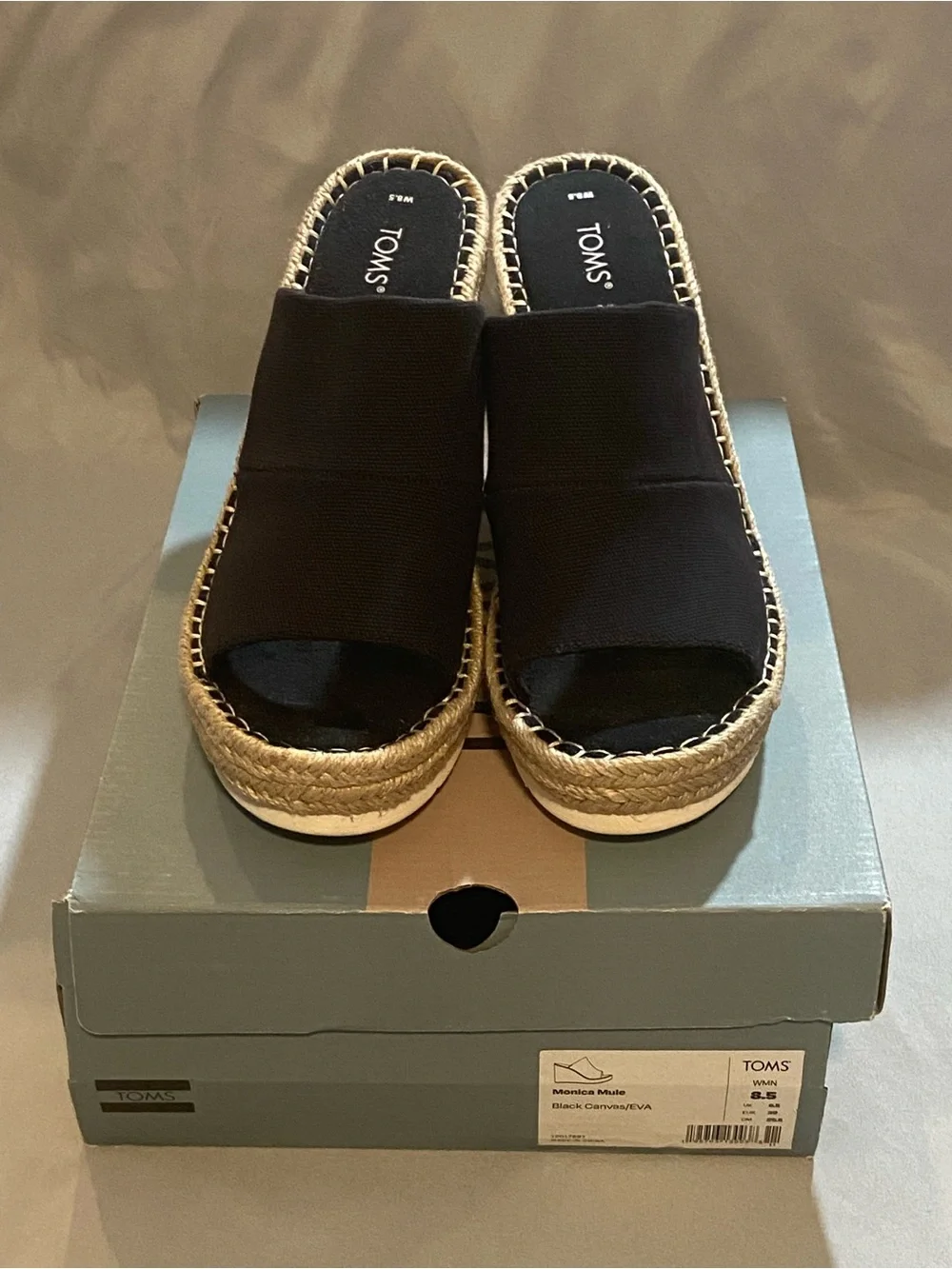 TOMS Black Canvas Espadrille Wedge Mules